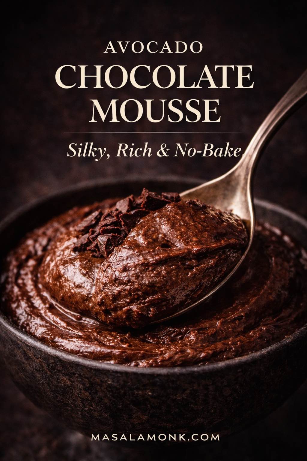 This avocado chocolate mousse is all about texture: dark, glossy, silky, and deeply chocolatey without feeling heavy. The close-up spoon shot shows exactly what makes this dessert so appealing—a rich no-bake mousse that feels luxurious while still being easy to make. If you are wondering how creamy avocado chocolate mousse can really be, this image gives the answer before the first bite. Read on for the full avocado chocolate mousse recipe, texture tips, keto and vegan variations, and the small details that make it turn out beautifully.