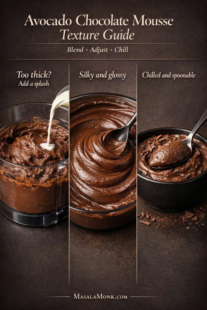This avocado chocolate mousse texture guide shows exactly what to look for at each stage so the dessert turns out smooth, rich, and spoonable instead of too stiff or too loose. The first panel shows when your avocado chocolate mousse is too thick and needs a small splash of liquid. The second shows the ideal silky, glossy texture after blending. The third shows the final chilled avocado chocolate mousse texture that should hold softly on a spoon and feel ready to serve. Use this visual guide while making the recipe so you can adjust with confidence and get a better avocado chocolate mousse every time.
