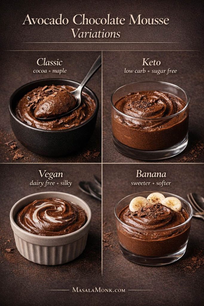 This avocado chocolate mousse variations guide makes it easy to choose the version that fits your mood and ingredients. The classic avocado chocolate mousse leans rich and balanced with cocoa and maple, the keto avocado chocolate mousse keeps things low carb and sugar free, the vegan avocado chocolate mousse stays silky without dairy, and the banana version turns softer, sweeter, and more comfort-led. Use this card as a quick visual reference before you begin, then follow the full avocado chocolate mousse recipe below for texture tips, ingredient swaps, and step-by-step guidance for each variation.