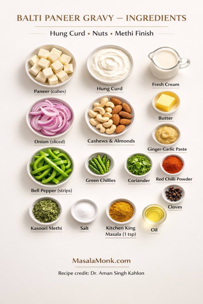 Everything you need for Balti Paneer Gravy in one glance: hung curd for a silky base, cashews and almonds for richness, kasoori methi for the restaurant aroma, and a final cream finish for that glossy, spoon-coating gravy.