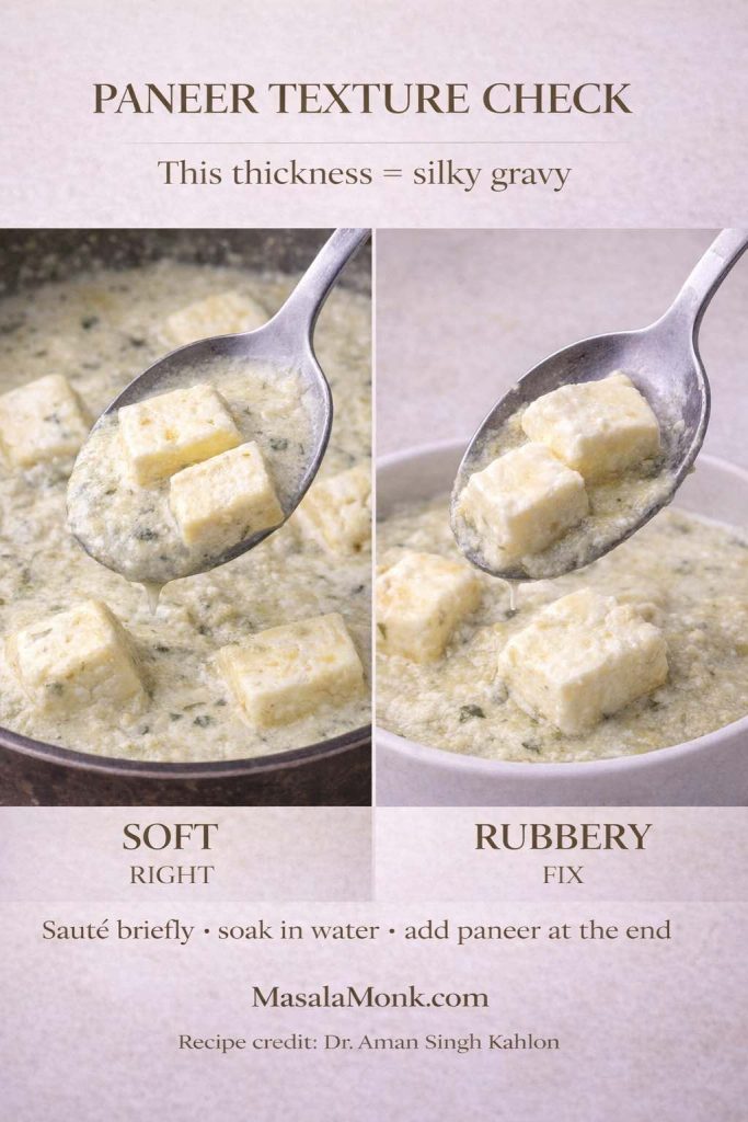 Paneer texture check for Balti Paneer Gravy showing soft paneer cubes coated in silky gravy versus rubbery paneer cubes, with the fix: sauté briefly, soak in water, and add paneer at the end.