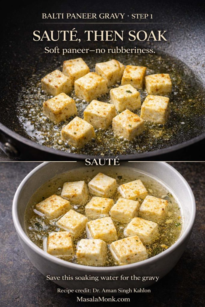 Step 1 of Balti Paneer Gravy: paneer cubes lightly sautéed, then soaked in water to keep them soft and prevent rubbery paneer; soaking water is saved for the gravy.