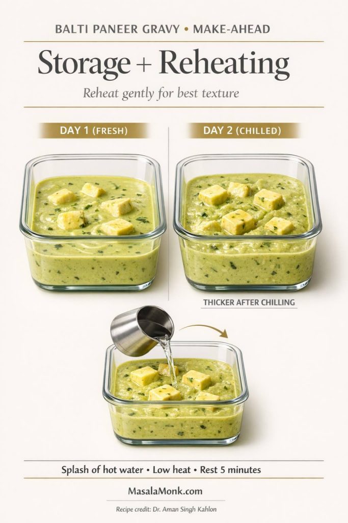 Balti Paneer Gravy storage and reheating guide showing Day 1 fresh gravy versus Day 2 chilled thicker gravy, plus the reheating fix: add a splash of hot water, warm on low heat, and rest 5 minutes.