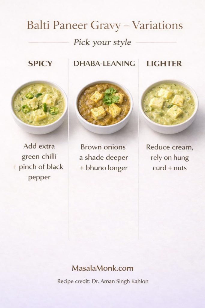 Make this Balti Paneer Gravy your way: go Spicy with extra green chilli and black pepper, push it Dhaba-style by browning onions deeper and bhuno longer, or keep it Lighter by reducing cream and relying on hung curd + nuts for silk.