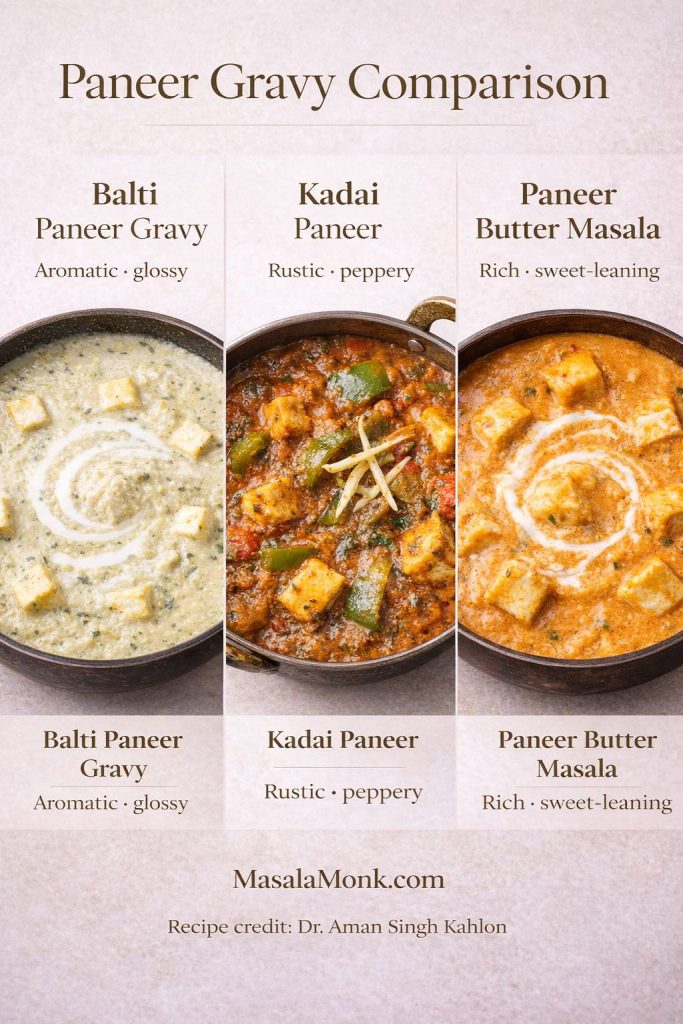 Not all paneer gravies taste the same: Balti Paneer Gravy is aromatic and glossy, Kadai Paneer is rustic and capsicum-forward, and Paneer Butter Masala is richer and sweeter-leaning. Use this comparison to pick the style that matches your mood.