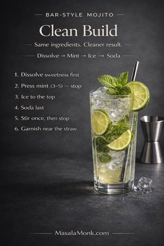 Bar-Style Classic Mojito (Clean Build): same ingredients, cleaner result—dissolve sweetness first, press mint lightly (3–5) and stop, pack ice high, add soda last, then stir once and quit. Finish with mint near the straw so every sip tastes fresh and “bar-level.”