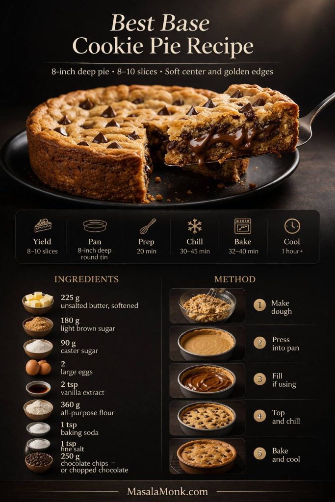 Recipe card for the best base cookie pie recipe showing an 8-inch deep cookie pie with a soft center, key timing details, ingredient list, and short method steps.
