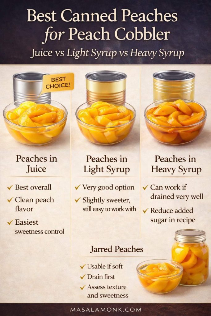 Choosing the right canned peaches can make a big difference in how your peach cobbler tastes and bakes. This guide compares peaches packed in juice, light syrup, and heavy syrup, and also covers when jarred peaches can work. If you want the cleanest peach flavor and the easiest sweetness control, peaches in juice are usually the best choice. Light syrup is still a very good option, while heavy syrup needs more draining and a lighter hand with added sugar. Save this before shopping so your peach cobbler with canned peaches starts with the right fruit.