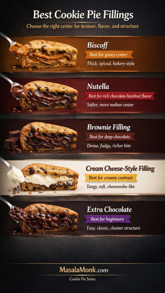Best cookie pie fillings guide showing Biscoff, Nutella, brownie filling, cream cheese-style filling, and extra chocolate, with visual comparisons for texture, flavor, and structure.