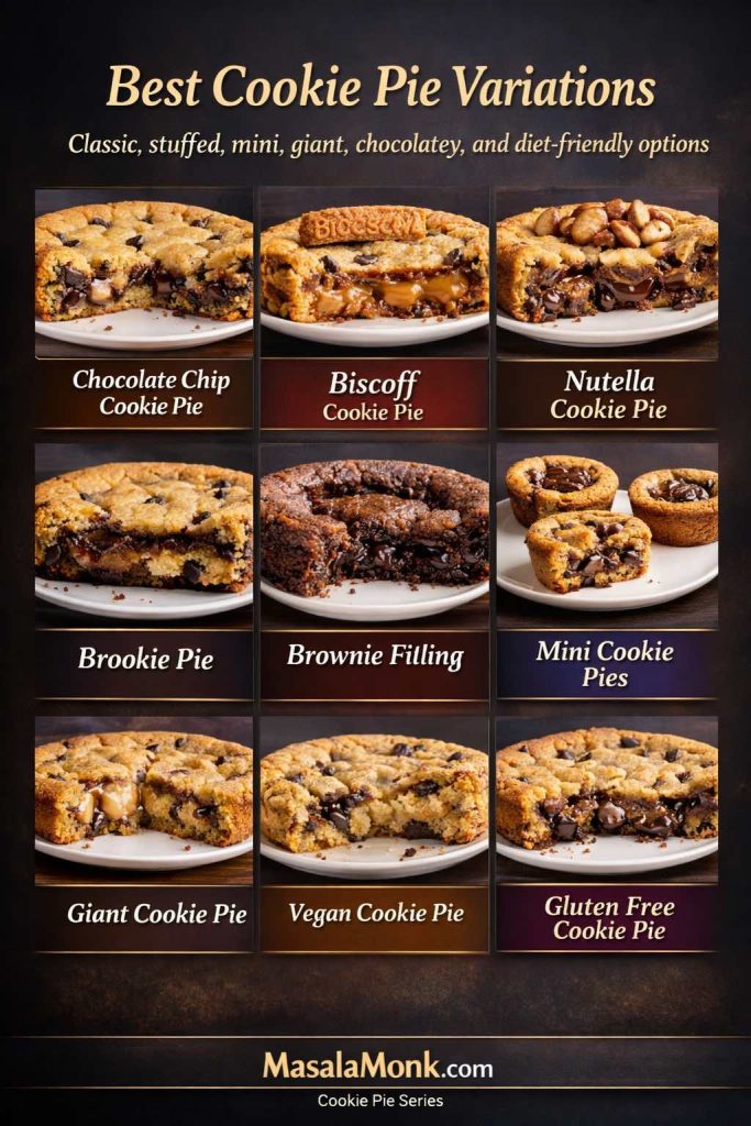 Best cookie pie variations guide showing chocolate chip cookie pie, Biscoff cookie pie, Nutella cookie pie, brookie pie, brownie cookie pie, mini cookie pies, giant cookie pie, vegan cookie pie, and gluten free cookie pie.