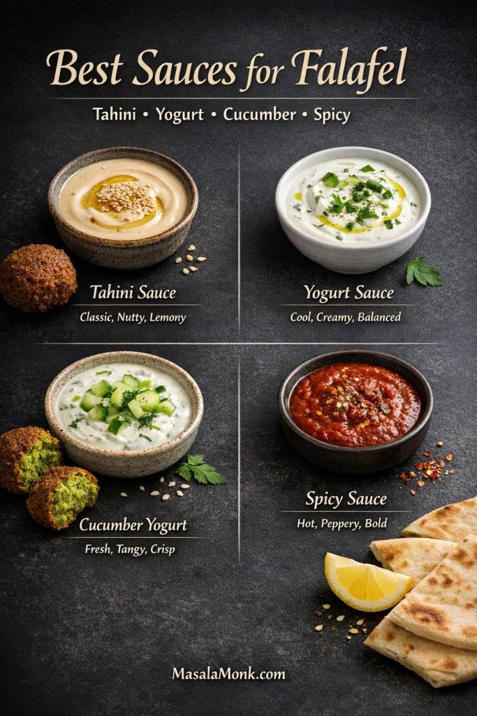 The right sauce changes falafel from good to complete. Tahini brings the classic nutty, lemony richness that most people expect, yogurt sauce adds cool creaminess, cucumber yogurt sauce feels especially fresh in wraps and summer plates, and a spicy sauce gives the whole meal more edge. Choosing the sauce that matches the kind of falafel plate you want is one of the easiest ways to make the recipe feel more personal and more satisfying.