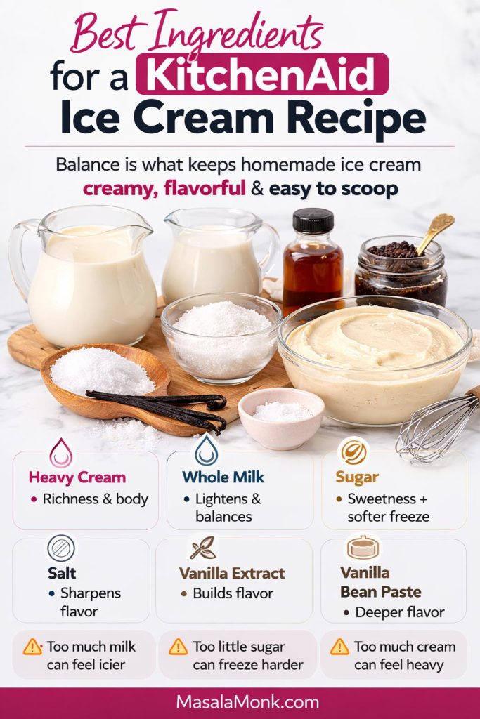 Ingredient balance guide for a KitchenAid ice cream recipe showing heavy cream, whole milk, sugar, salt, vanilla extract or paste, and a smooth homemade ice cream base with notes on texture, flavor, and scoopability.