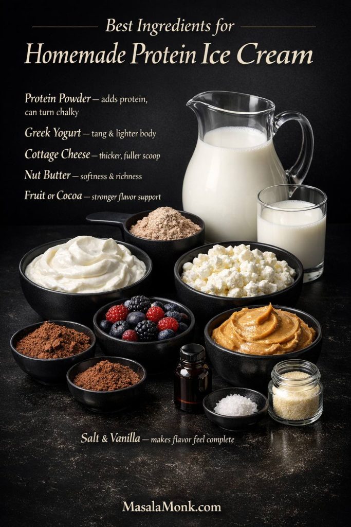 Best ingredients for homemade protein ice cream shown in a dark luxe ingredient guide with protein powder, Greek yogurt, cottage cheese, milk, nut butter, cocoa, berries, vanilla, and salt.