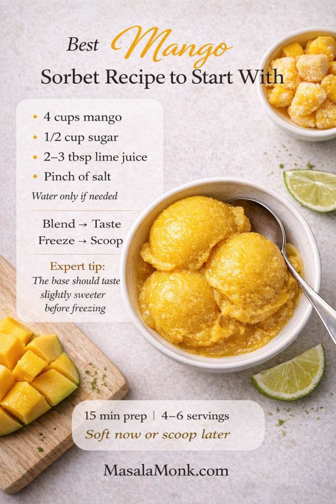 Recipe card for mango sorbet showing a bowl of smooth mango sorbet with fresh mango, lime, ingredient list, quick method, expert tip, prep time, and serving yield.