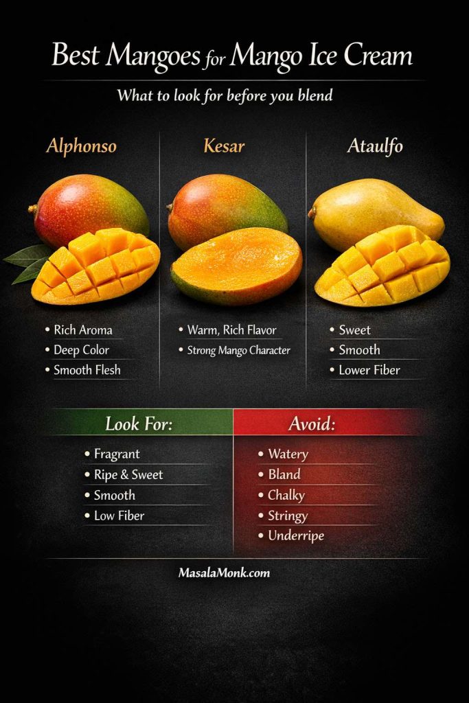 Guide to the best mangoes for homemade mango ice cream comparing Alphonso, Kesar, and Ataulfo, with notes on what to look for and what to avoid when choosing mangoes for a smooth creamy puree.