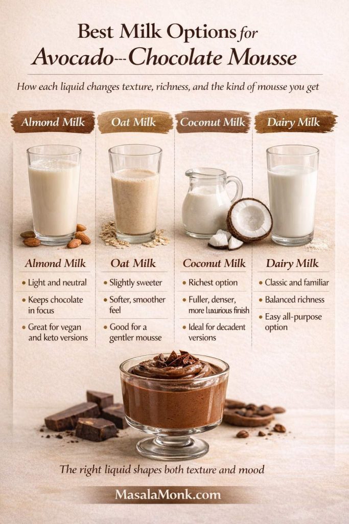 Milk options guide for avocado chocolate mousse comparing almond milk, oat milk, coconut milk, and dairy milk, with notes on how each liquid affects texture, richness, flavor balance, and the final mousse style.