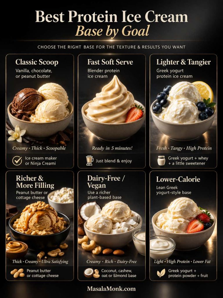 Best protein ice cream base by goal comparison guide showing classic scoop, fast soft serve, Greek yogurt, richer peanut butter or cottage cheese, dairy-free vegan, and lower-calorie protein ice cream options.