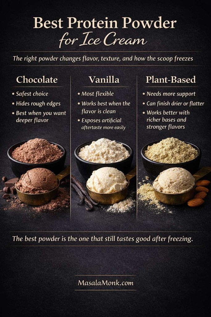 Best protein powder for ice cream comparison guide showing chocolate, vanilla, and plant-based protein powder options and how each affects homemade protein ice cream flavor and texture.