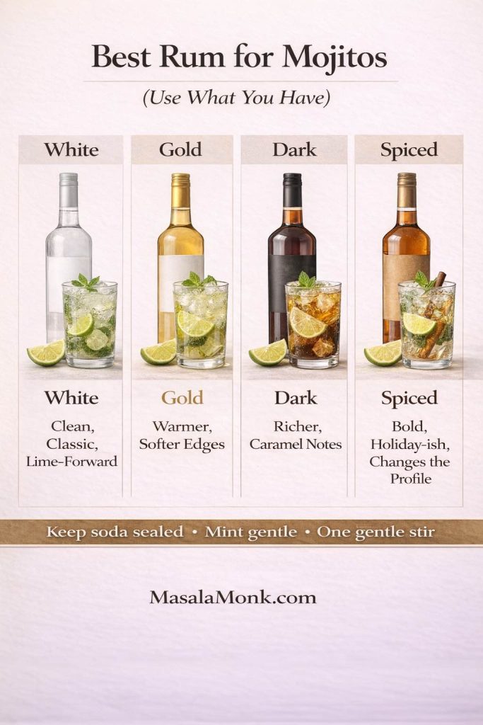 Infographic titled “Best Rum for Mojitos (Use What You Have)” comparing four rum styles for a mojito: white, gold, dark, and spiced. Each column shows a bottle and mojito with lime and mint, plus a short flavor note: white is clean and classic, gold is warmer with softer edges, dark is richer with caramel notes, and spiced is bold and changes the profile. A tip strip reminds to keep soda sealed, keep mint gentle, and stir once. MasalaMonk.com appears in the footer.