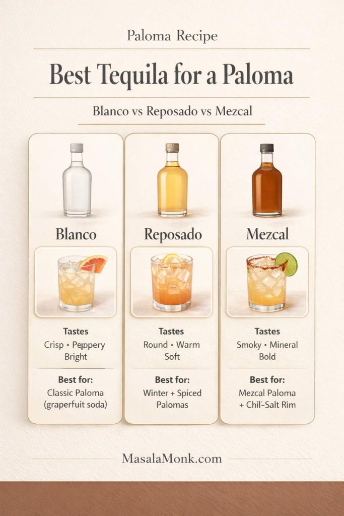 Infographic titled “Best Tequila for a Paloma: Blanco vs Reposado vs Mezcal” showing three options with taste notes and best uses: Blanco (crisp, peppery, bright) for a classic Paloma with grapefruit soda; Reposado (round, warm, soft) for winter and spiced Palomas; Mezcal (smoky, mineral, bold) for a mezcal Paloma with a chili-salt rim.