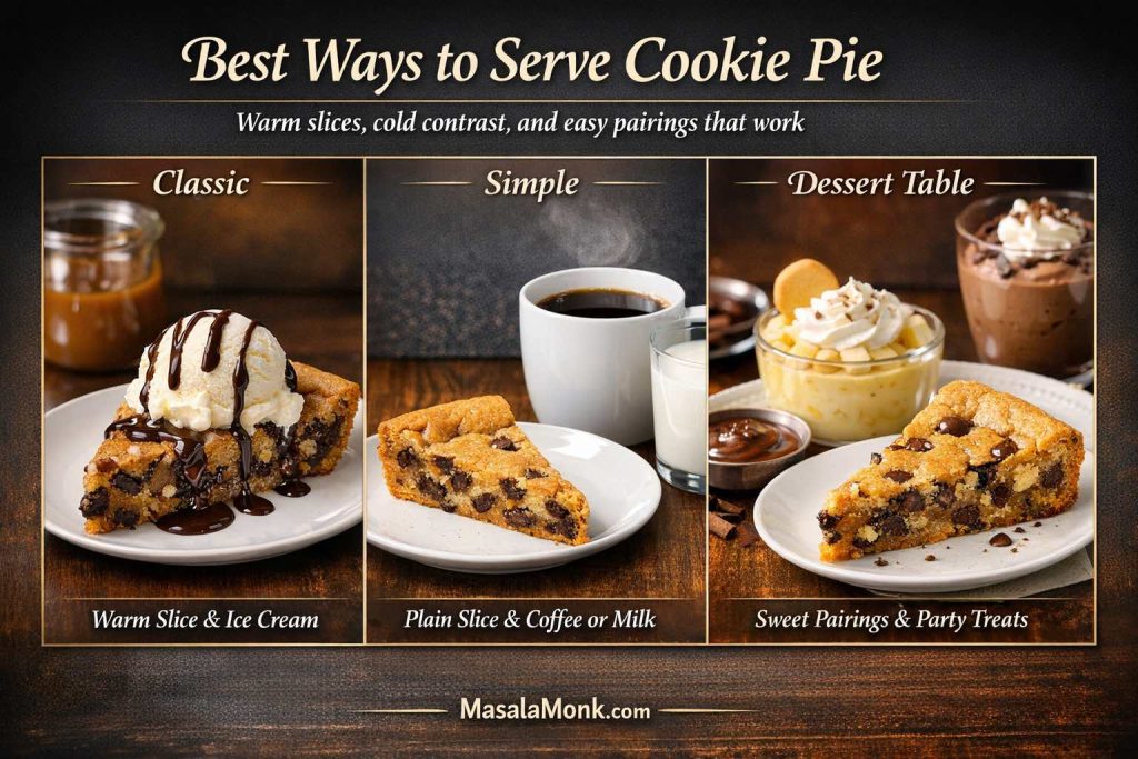 Serving guide for cookie pie showing three ideas: a warm cookie pie slice with ice cream, a plain slice with coffee or milk, and dessert table pairings with softer sweet treats.