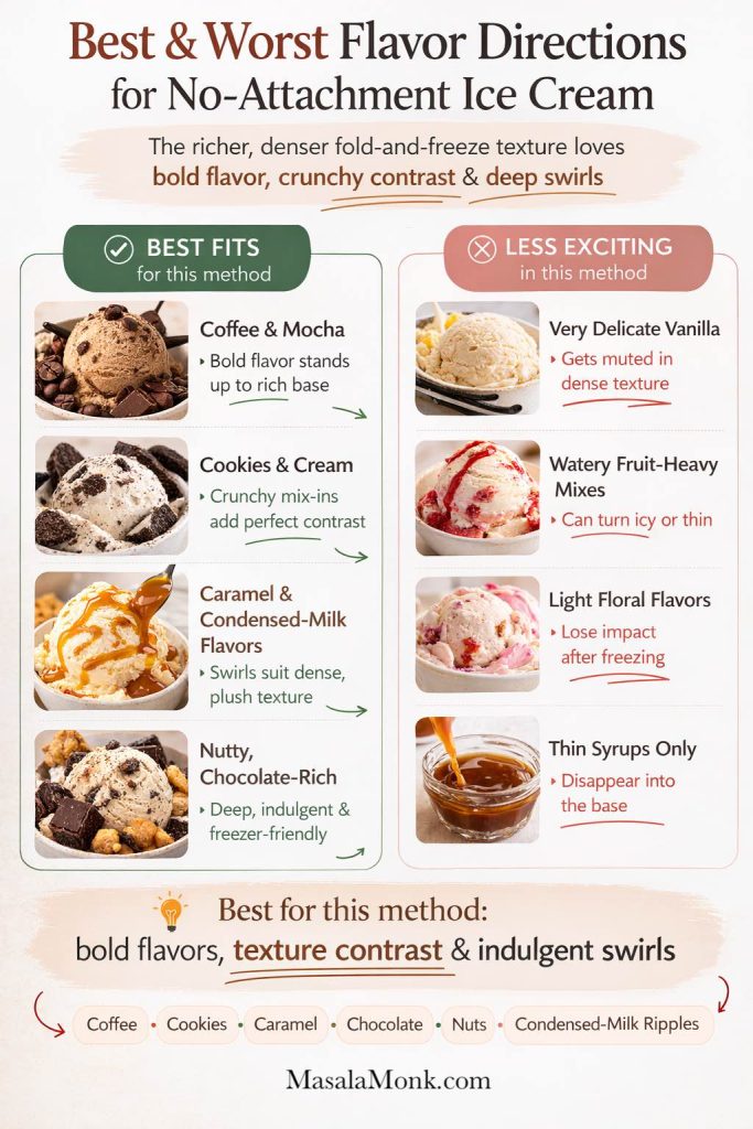Best and worst flavor directions for no-attachment ice cream, showing which flavors suit the richer fold-and-freeze method best, including coffee, cookies and cream, caramel, chocolate, and nutty swirls, plus less suitable options like delicate vanilla, watery fruit-heavy mixes, light floral flavors, and thin syrups.