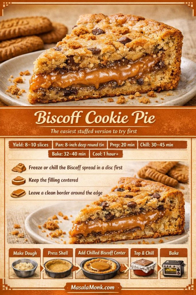 Recipe card for Biscoff cookie pie showing a thick stuffed slice with a caramelized cookie butter center, quick timing details, filling tips, and simple step-by-step guidance.