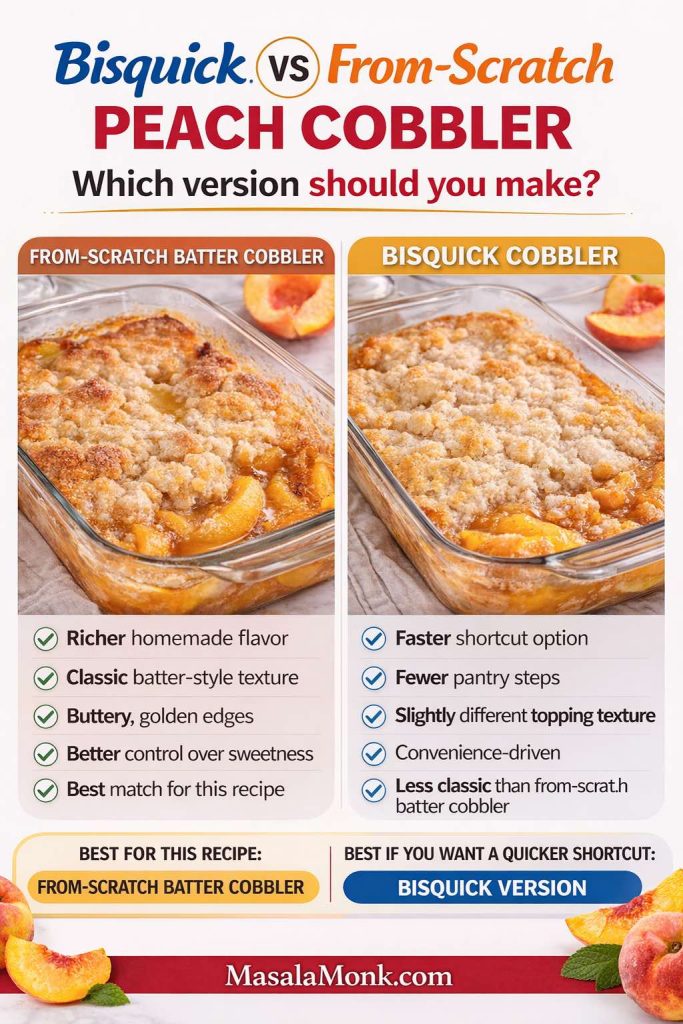This Bisquick vs from-scratch peach cobbler with canned peaches comparison helps you see the trade-off before you bake. A from-scratch batter cobbler gives you the more classic homemade feel, buttery golden edges, and better control over sweetness, while a Bisquick version can save time and cut down on pantry steps. If you have been deciding between a quicker shortcut and a more old-fashioned batter-style cobbler, this guide makes the difference much easier to understand at a glance.