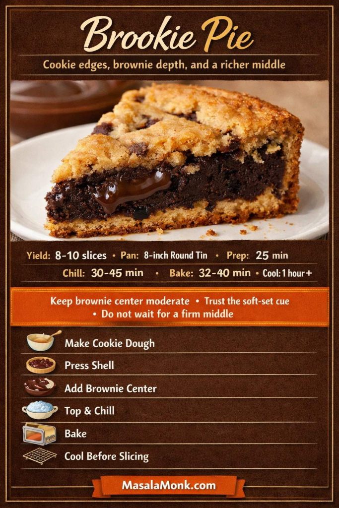 Recipe card for brookie pie showing a thick slice with cookie edges and a darker brownie-style center, plus quick timing details, baking cues, and simple method steps.