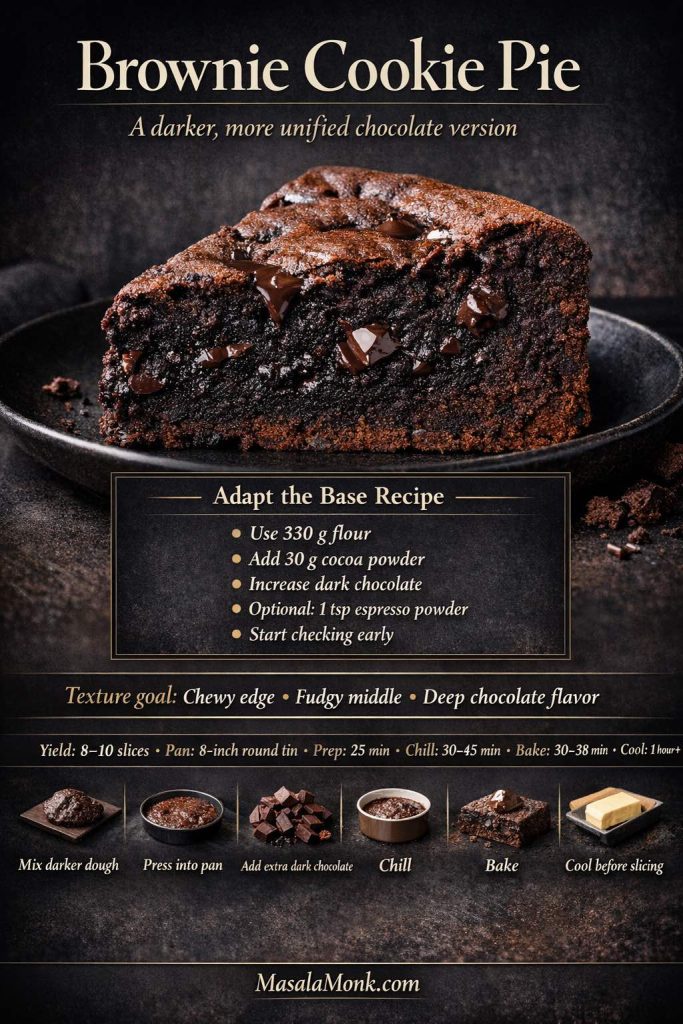 Recipe card for brownie cookie pie showing a dark, fudgy chocolate cookie pie slice with base-recipe adaptation notes, texture goals, timing details, and simple step-by-step guidance.