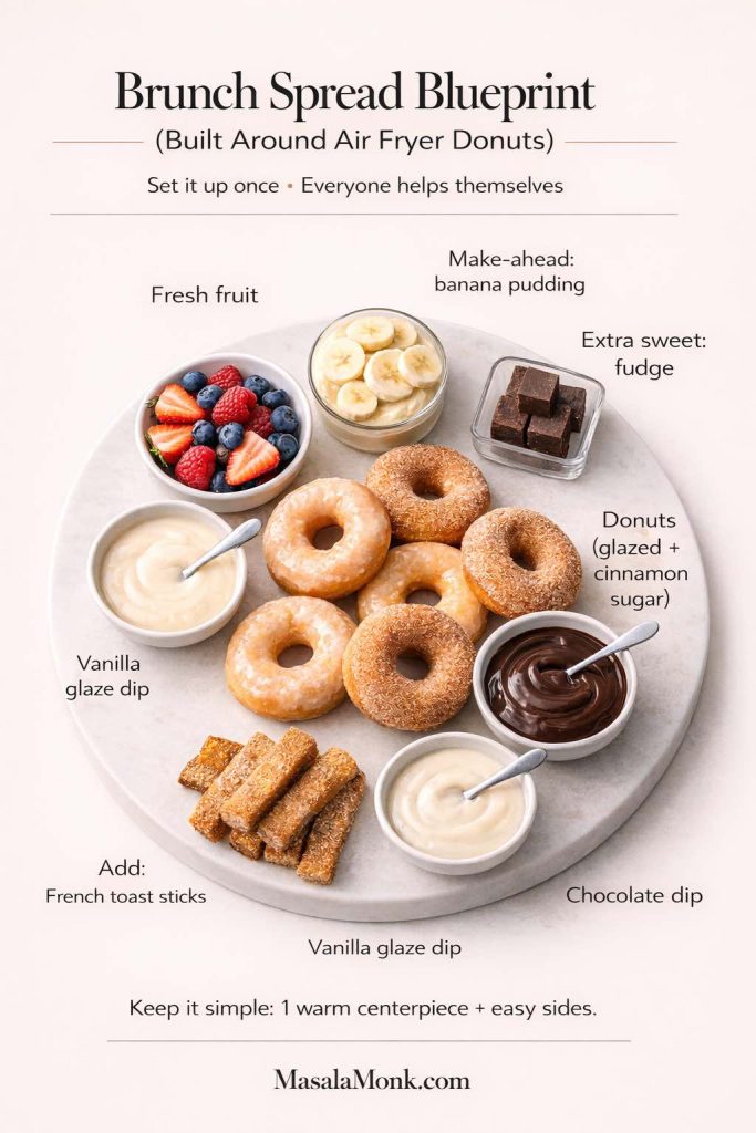 Turning air fryer donuts into a full brunch spread is easier than it looks. Use this simple donut board blueprint—glazed and cinnamon sugar donuts in the center, vanilla glaze and chocolate dips, fresh fruit, and easy add-ons like French toast sticks, banana pudding, and fudge—so guests can snack and serve themselves.