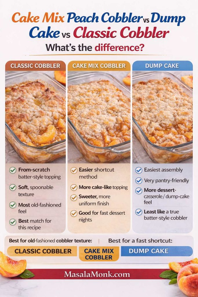 Three-way comparison infographic showing cake mix peach cobbler vs dump cake vs classic cobbler, explaining that classic cobbler has a from-scratch batter-style topping, cake mix cobbler has a more cake-like shortcut topping, and dump cake is the easiest pantry-style dessert.