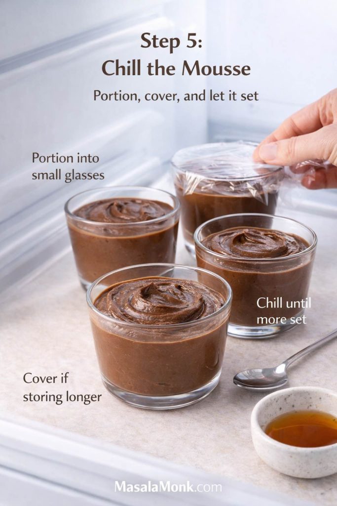 Step 5 for avocado chocolate mousse shows the dessert portioned into small glasses and chilled in the fridge so the texture can firm up and feel more mousse-like. This visual helps readers see that chilling is part of the recipe, not just storage, and that covering the mousse is useful if you plan to keep it in the fridge a little longer before serving.