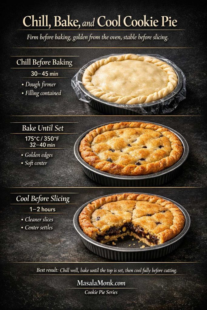 Cookie pie step-by-step guide showing how long to chill before baking, bake at 175C 350F for 32 to 40 minutes, and cool for 1 to 2 hours before slicing for cleaner structure.