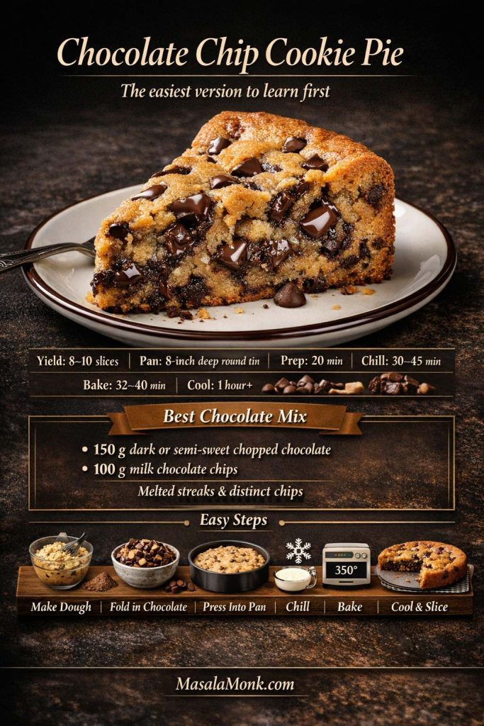 Recipe card for chocolate chip cookie pie showing a thick soft-centered slice, quick timing details, best chocolate mix, and simple step-by-step guidance.