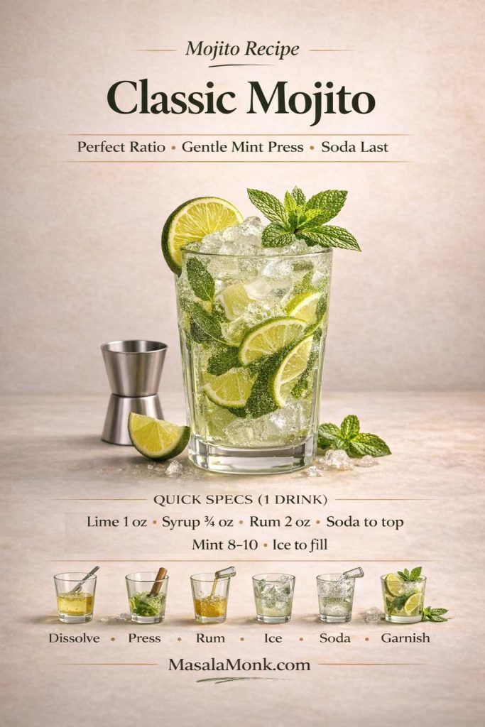Premium recipe card image for a classic mojito recipe showing a photoreal mojito in a highball glass with mint and lime, plus quick specs (lime 1 oz, syrup ¾ oz, rum 2 oz, soda to top) and a 6-step method: dissolve, press, rum, ice, soda, garnish. MasalaMonk.com appears in the footer.