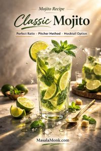 Magazine-style cover image of a classic mojito recipe in a tall highball glass with crushed ice, fresh mint, and lime slices on a warm ivory background, with text overlay “Mojito Recipe: Classic Mojito” and “Perfect Ratio • Pitcher Method • Mocktail Option” plus MasalaMonk.com in the footer.