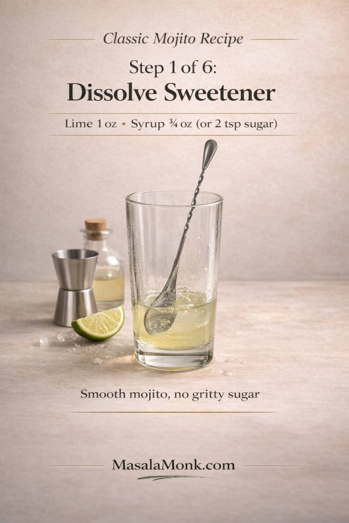 Classic Mojito Recipe — Step 1: dissolve lime and syrup (or sugar) first. This small step keeps your mojito smooth from the first sip and prevents gritty sugar later—so you can add ice and soda without over-stirring.