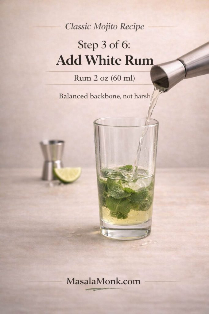 Step 3 of the classic mojito recipe showing white rum being poured from a jigger into a glass with lime, syrup, and mint, with on-image measurement “Rum 2 oz (60 ml)” and the note “Balanced backbone, not harsh,” plus MasalaMonk.com in the footer.