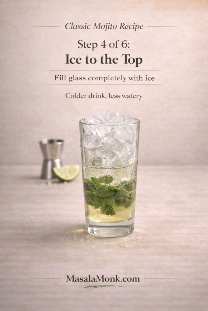 Classic Mojito Recipe — Step 4: fill the glass completely with ice. A full ice column keeps your mojito colder for longer, slows dilution, and helps prevent that watery, flat finish.