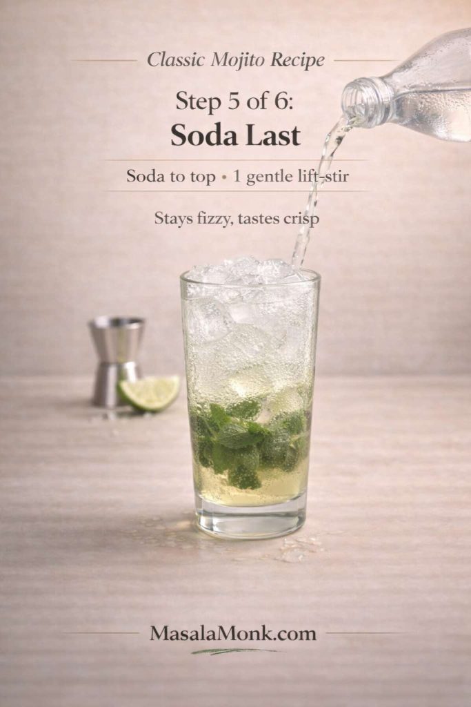Classic Mojito Recipe — Step 5: add soda last and do just one gentle lift-stir. This keeps the mojito crisp and fizzy instead of flat and watery—especially when you’re making more than one drink.