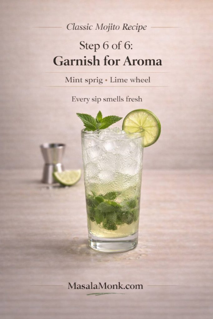 Classic Mojito Recipe — Step 6: garnish with a fresh mint sprig and a lime wheel. The mint aroma hits before the first sip, making the mojito taste brighter and more refreshing without needing to crush extra mint into the drink.