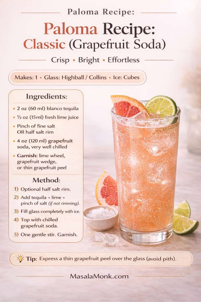 Recipe card for “Paloma Recipe: Classic (Grapefruit Soda)” showing ingredients and steps with oz and ml measurements: blanco tequila, fresh lime juice, pinch of salt or half salt rim, chilled grapefruit soda, and garnish options, plus a method to build over ice, top with soda, and stir once, with a tip to express grapefruit peel and avoid pith.