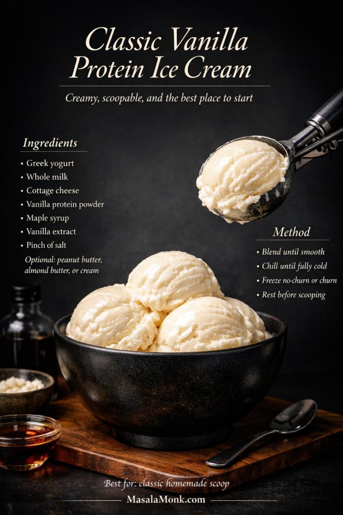 Dark luxe classic vanilla protein ice cream recipe image showing glossy vanilla scoops in a black bowl with recipe text overlay for homemade protein ice cream.