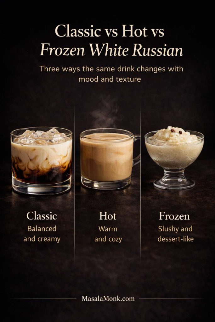 Comparison graphic showing three White Russian styles side by side: a classic White Russian over ice in a rocks glass, a hot White Russian in a glass mug with steam, and a frozen White Russian in a dessert-style glass, with text describing each as balanced and creamy, warm and cozy, or slushy and dessert-like.