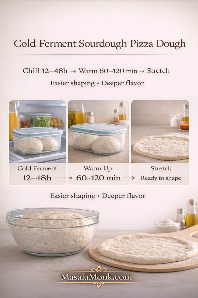 Cold fermenting sourdough pizza dough deepens flavor and makes shaping easier—chill the dough balls 12–48 hours, warm them 60–120 minutes, then stretch into your pizza base.