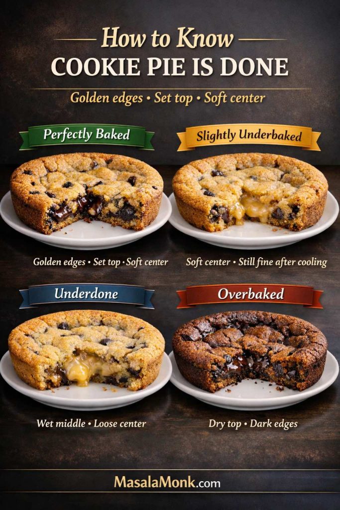 Cookie pie doneness guide showing four stages: perfectly baked, slightly underbaked, underdone, and overbaked, with visual examples of golden edges, set top, soft center, wet middle, and dark edges.