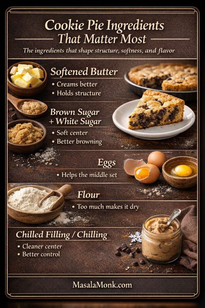 Cookie pie ingredients guide showing softened butter, brown sugar and white sugar, eggs, flour, and chilled filling or chilling as key factors that affect structure, softness, and flavor.