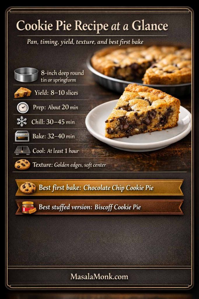 Cookie pie recipe at a glance graphic showing pan size, yield, prep time, chill time, bake time, cooling time, texture goal, best first bake, and best stuffed version beside a sliced cookie pie.