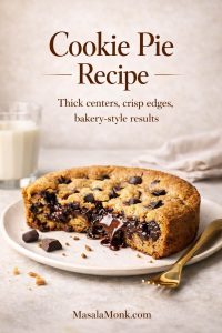 Premium cookie pie recipe cover image showing a thick chocolate chip cookie pie with a sliced opening, gooey melted chocolate center, cream background, gold dessert fork, and text overlay reading Cookie Pie Recipe with bakery-style results.
